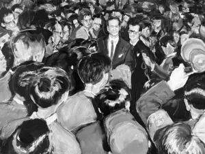 Study Of Photo Of Marlon Brando With Paparazzi In Black And White — painting; of a single figure; in oil on canvas — detail 2 of 2, close-up of surface texture
