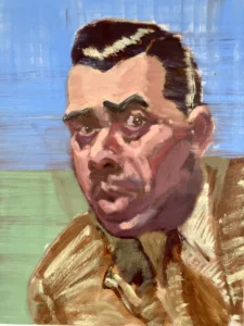 Surprised Male Portrait On Blue And Green Background — painting; in oil on canvas; yellow, pink and black tones — detail, close-up of surface texture