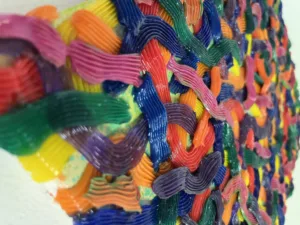Tactile Candy Relief Squeeze — painting; in acrylic on canvas; orange, yellow, green, blue and purple tones — detail 9 of 10, close-up of surface texture