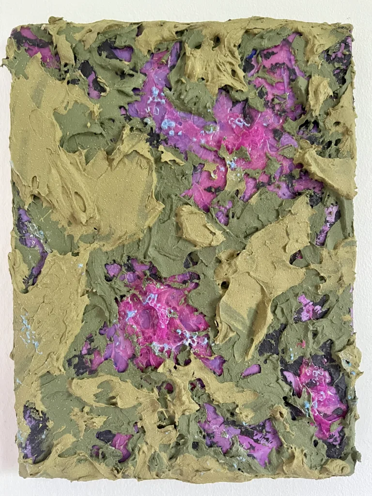 Tactile Composition In Verdant Green And Luminous Pink — painting; built up in heavy, tactile impasto; in acrylic on canvas