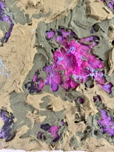 Tactile Composition In Verdant Green And Luminous Pink — painting; built up in heavy, tactile impasto; in acrylic on canvas — detail 1 of 2, close-up of surface texture