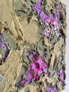 Tactile Composition In Verdant Green And Luminous Pink — painting; built up in heavy, tactile impasto; in acrylic on canvas — detail 2 of 2, close-up of surface texture
