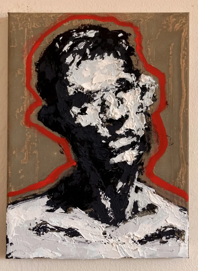 Tactile Four Value Black And White Relief Portrait In Black And White With Red Outline — oil-and-wax relief portrait; black and thick white impasto head on olive ground, traced by a red contour line
