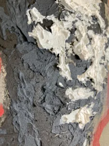 Tactile Four Value Black And White Relief Portrait In Black And White With Red Outline — oil-and-wax relief portrait; black and thick white impasto head on olive ground, traced by a red contour line — detail 1 of 3, close-up of surface texture