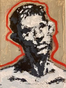 Tactile Four Value Black And White Relief Portrait In Black And White With Red Outline — oil-and-wax relief portrait; black and thick white impasto head on olive ground, traced by a red contour line — detail 3 of 3, close-up of surface texture
