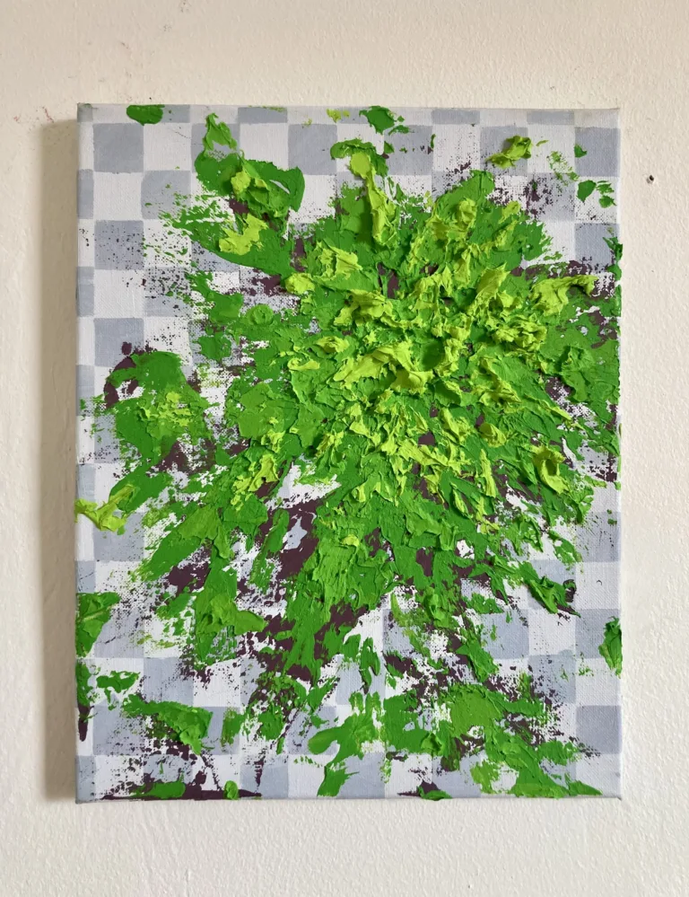 Tactile Green Barf — painting; built up in heavy, tactile impasto; in oil on canvas; gray tones