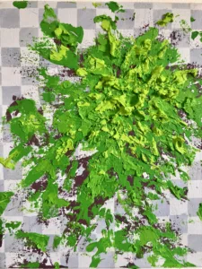 Tactile Green Barf — painting; built up in heavy, tactile impasto; in oil on canvas; gray tones — detail, close-up of surface texture