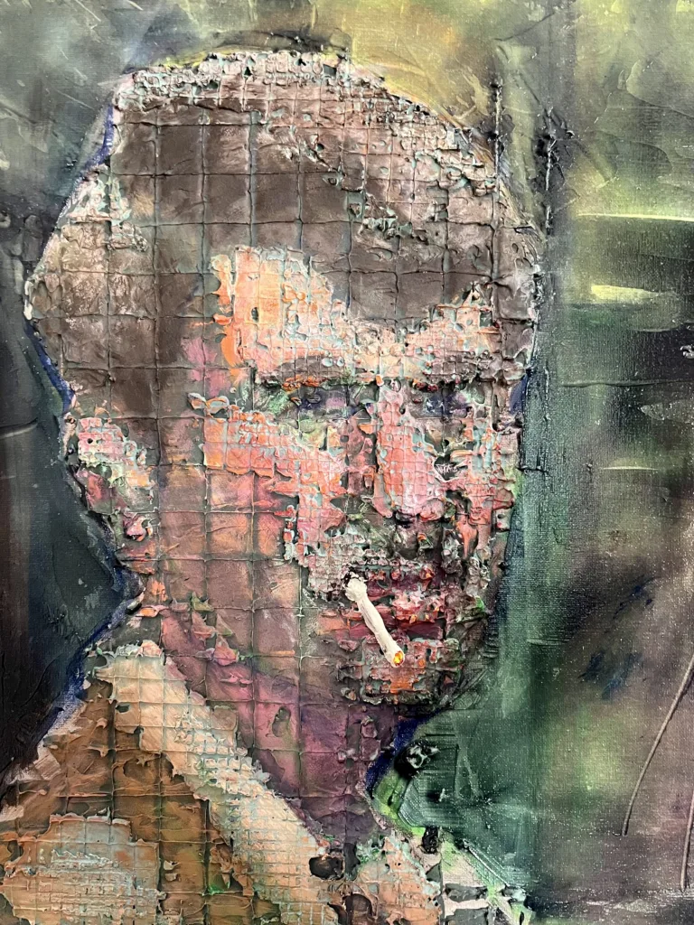 Tactile Grid Portrait Male With Cigarette — painting; built up in heavy, tactile impasto; in acrylic on canvas