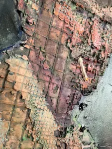 Tactile Grid Portrait Male With Cigarette — painting; built up in heavy, tactile impasto; in acrylic on canvas — detail 1 of 2, close-up of surface texture