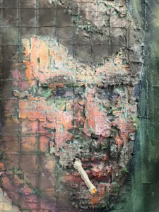 Tactile Grid Portrait Male With Cigarette — painting; built up in heavy, tactile impasto; in acrylic on canvas — detail 2 of 2, close-up of surface texture