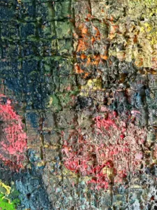 Tactile Grid Portrait Male With Geometric Primary Colored Background — painting; in oil on canvas — detail 1 of 2, close-up of surface texture