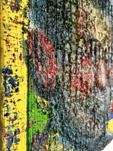 Tactile Grid Portrait Male With Geometric Primary Colored Background — painting; in oil on canvas — detail 2 of 2, close-up of surface texture