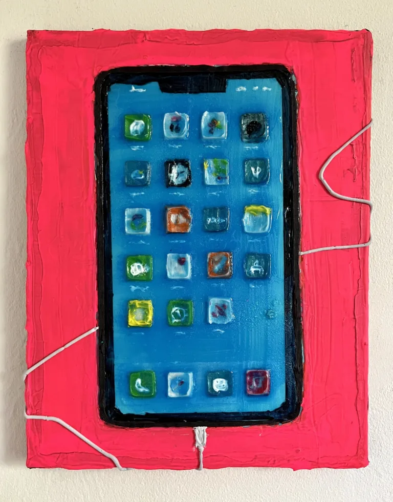 Tactile Iphone — painting; of an object; built up in heavy, tactile impasto; in acrylic on canvas; blue and pink tones