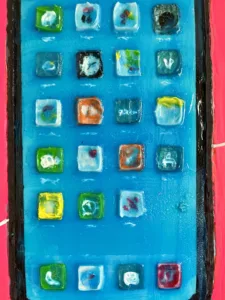 Tactile Iphone — painting; of an object; built up in heavy, tactile impasto; in acrylic on canvas; blue and pink tones — detail 1 of 6, close-up of surface texture