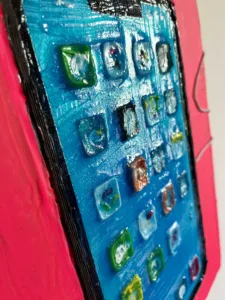 Tactile Iphone — painting; of an object; built up in heavy, tactile impasto; in acrylic on canvas; blue and pink tones — detail 2 of 6, close-up of surface texture