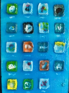 Tactile Iphone — painting; of an object; built up in heavy, tactile impasto; in acrylic on canvas; blue and pink tones — detail 3 of 6, close-up of surface texture
