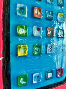 Tactile Iphone — painting; of an object; built up in heavy, tactile impasto; in acrylic on canvas; blue and pink tones — detail 4 of 6, close-up of surface texture