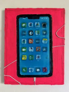 Tactile Iphone — painting; of an object; built up in heavy, tactile impasto; in acrylic on canvas; blue and pink tones — detail 5 of 6, close-up of surface texture