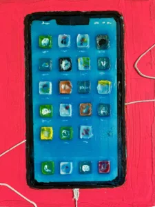 Tactile Iphone — painting; of an object; built up in heavy, tactile impasto; in acrylic on canvas; blue and pink tones — detail 6 of 6, close-up of surface texture