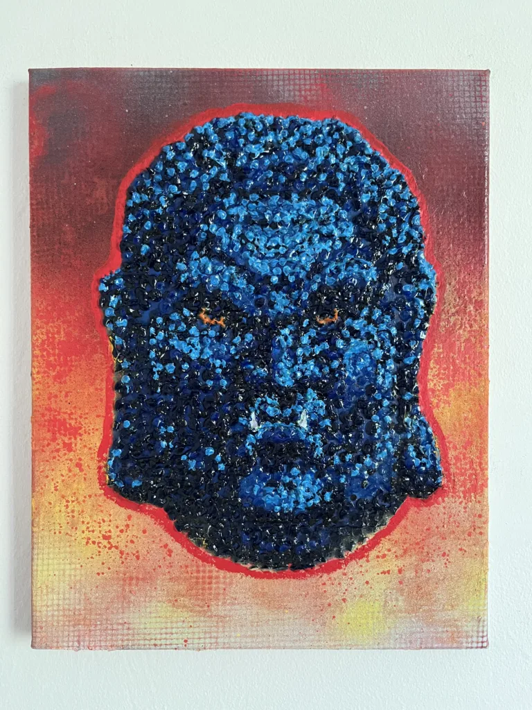Tactile Pointilist Squeeze Portrait Of Fudo Myoo — painting; built up in heavy, tactile impasto; in acrylic on canvas