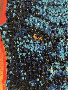 Tactile Pointilist Squeeze Portrait Of Fudo Myoo — painting; built up in heavy, tactile impasto; in acrylic on canvas — detail 1 of 2, close-up of surface texture