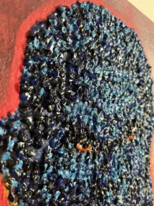Tactile Pointilist Squeeze Portrait Of Fudo Myoo — painting; built up in heavy, tactile impasto; in acrylic on canvas — detail 2 of 2, close-up of surface texture
