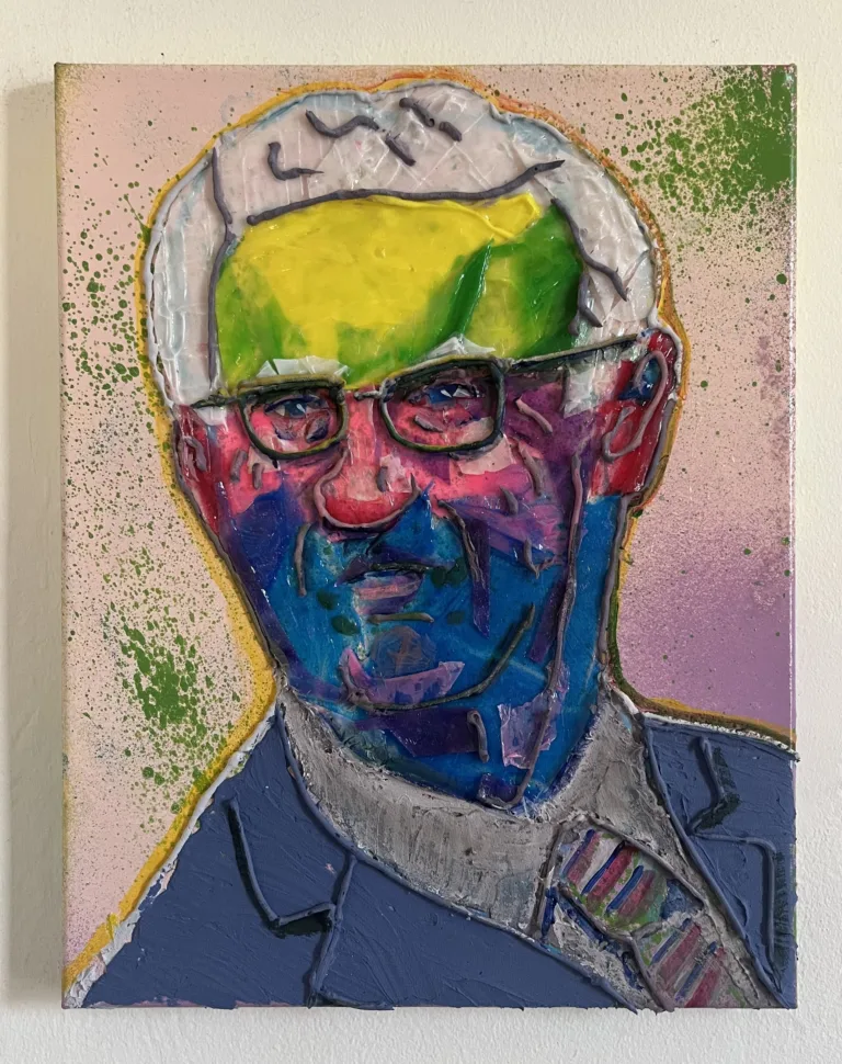 Tactile Portrait Of Man In Mixed Technique — painting; built up in heavy, tactile impasto; in acrylic on canvas
