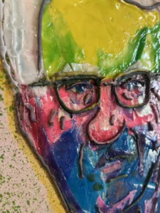Tactile Portrait Of Man In Mixed Technique — painting; built up in heavy, tactile impasto; in acrylic on canvas — detail 1 of 2, close-up of surface texture