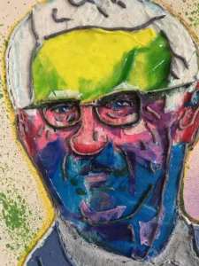 Tactile Portrait Of Man In Mixed Technique — painting; built up in heavy, tactile impasto; in acrylic on canvas — detail 2 of 2, close-up of surface texture