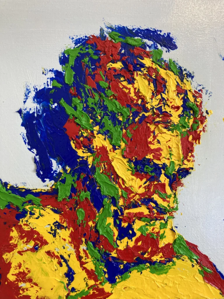 Tactile Portrait Of Zeus In Primary Colors — painting; built up in heavy, tactile impasto; in oil on canvas