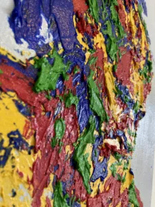 Tactile Portrait Of Zeus In Primary Colors — painting; built up in heavy, tactile impasto; in oil on canvas — detail 2 of 5, close-up of surface texture