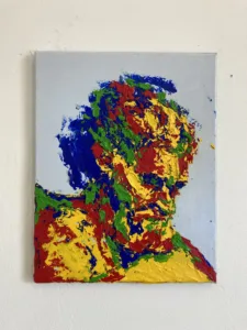 Tactile Portrait Of Zeus In Primary Colors — painting; built up in heavy, tactile impasto; in oil on canvas — detail 3 of 5, close-up of surface texture