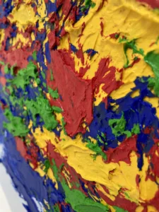 Tactile Portrait Of Zeus In Primary Colors — painting; built up in heavy, tactile impasto; in oil on canvas — detail 4 of 5, close-up of surface texture