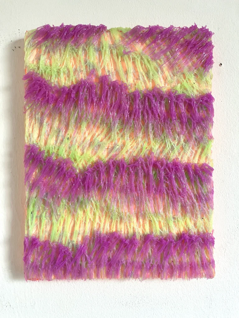 Tactile Pseudo Fibrous Semi Transparent Squeeze In Green And Pink — painting; in acrylic on canvas