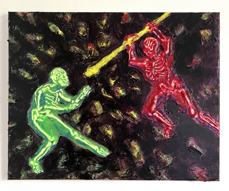 Tactile Squeeze Figures Green And Red Fighting — painting; in acrylic on canvas; black tones