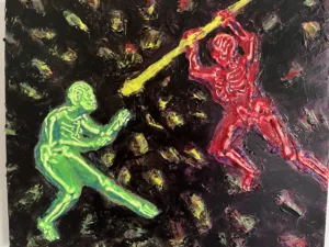 Tactile Squeeze Figures Green And Red Fighting — painting; in acrylic on canvas; black tones — detail 1 of 5, close-up of surface texture