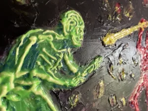 Tactile Squeeze Figures Green And Red Fighting — painting; in acrylic on canvas; black tones — detail 4 of 5, close-up of surface texture