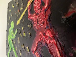 Tactile Squeeze Figures Green And Red Fighting — painting; in acrylic on canvas; black tones — detail 5 of 5, close-up of surface texture
