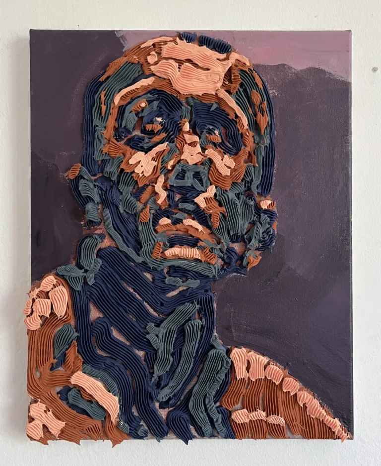 Tactile Squeeze Male Portrait Upward Gaze In Blue And Yellow — painting; in acrylic on canvas; gray and red tones