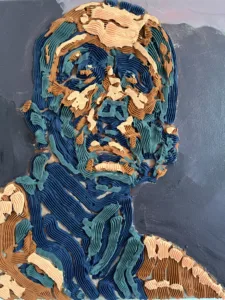 Tactile Squeeze Male Portrait Upward Gaze In Blue And Yellow — painting; in acrylic on canvas; gray and red tones — detail 1 of 4, close-up of surface texture