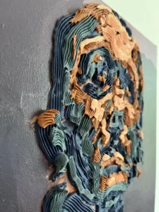 Tactile Squeeze Male Portrait Upward Gaze In Blue And Yellow — painting; in acrylic on canvas; gray and red tones — detail 3 of 4, close-up of surface texture