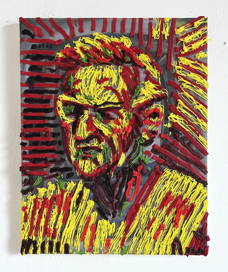 Tactile Squeeze Male Portrait With Glasses In Green Red And Yellow — painting; in oil on canvas