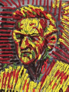 Tactile Squeeze Male Portrait With Glasses In Green Red And Yellow — painting; in oil on canvas — detail 1 of 3, close-up of surface texture