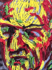 Tactile Squeeze Male Portrait With Glasses In Green Red And Yellow — painting; in oil on canvas — detail 2 of 3, close-up of surface texture
