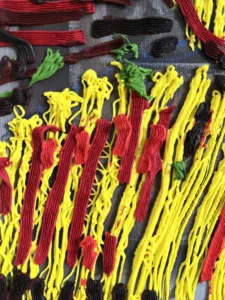 Tactile Squeeze Male Portrait With Glasses In Green Red And Yellow — painting; in oil on canvas — detail 3 of 3, close-up of surface texture