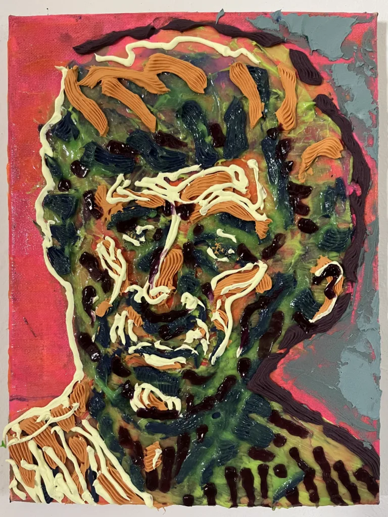 Tactile Squeeze Portrait Of Male With Gray And Pink Background — painting; in acrylic on canvas; orange and yellow tones