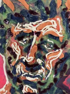 Tactile Squeeze Portrait Of Male With Gray And Pink Background — painting; in acrylic on canvas; orange and yellow tones — detail 1 of 4, close-up of surface texture