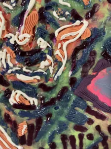 Tactile Squeeze Portrait Of Male With Gray And Pink Background — painting; in acrylic on canvas; orange and yellow tones — detail 2 of 4, close-up of surface texture