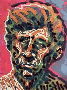 Tactile Squeeze Portrait Of Male With Gray And Pink Background — painting; in acrylic on canvas; orange and yellow tones — detail 3 of 4, close-up of surface texture