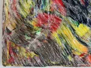 Tactile Squeeze Transparent Abstraction — painting; in acrylic on canvas; red and yellow tones — detail 2 of 3, close-up of surface texture